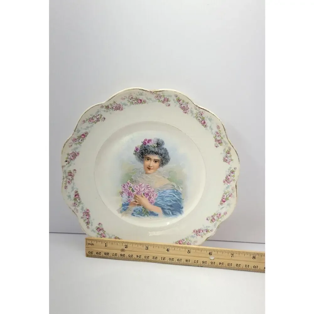 Antique Victorian Portrait Bowl Floral Scalloped Serving Dish Woman Roses...